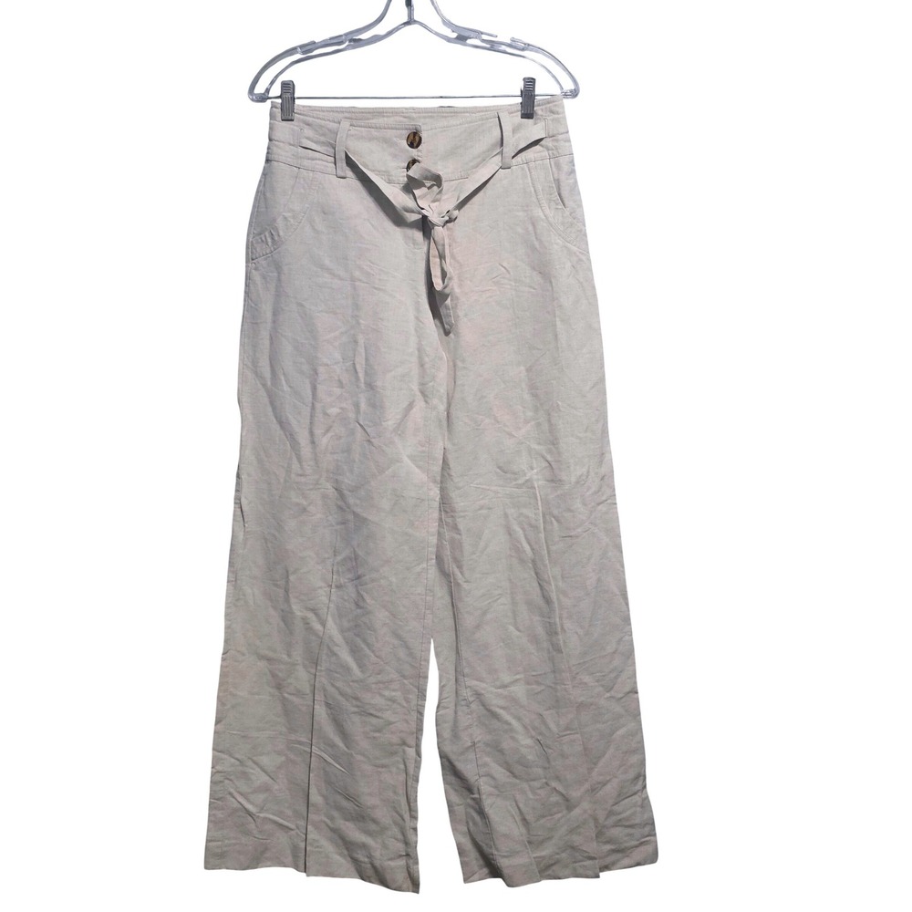 London Jean Womens High Rise Line Chino Wide Lag Trousers Beige Tie Front Sz 6‎